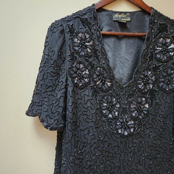 vintage black sequinned holiday blouse - Picture 2 of 7